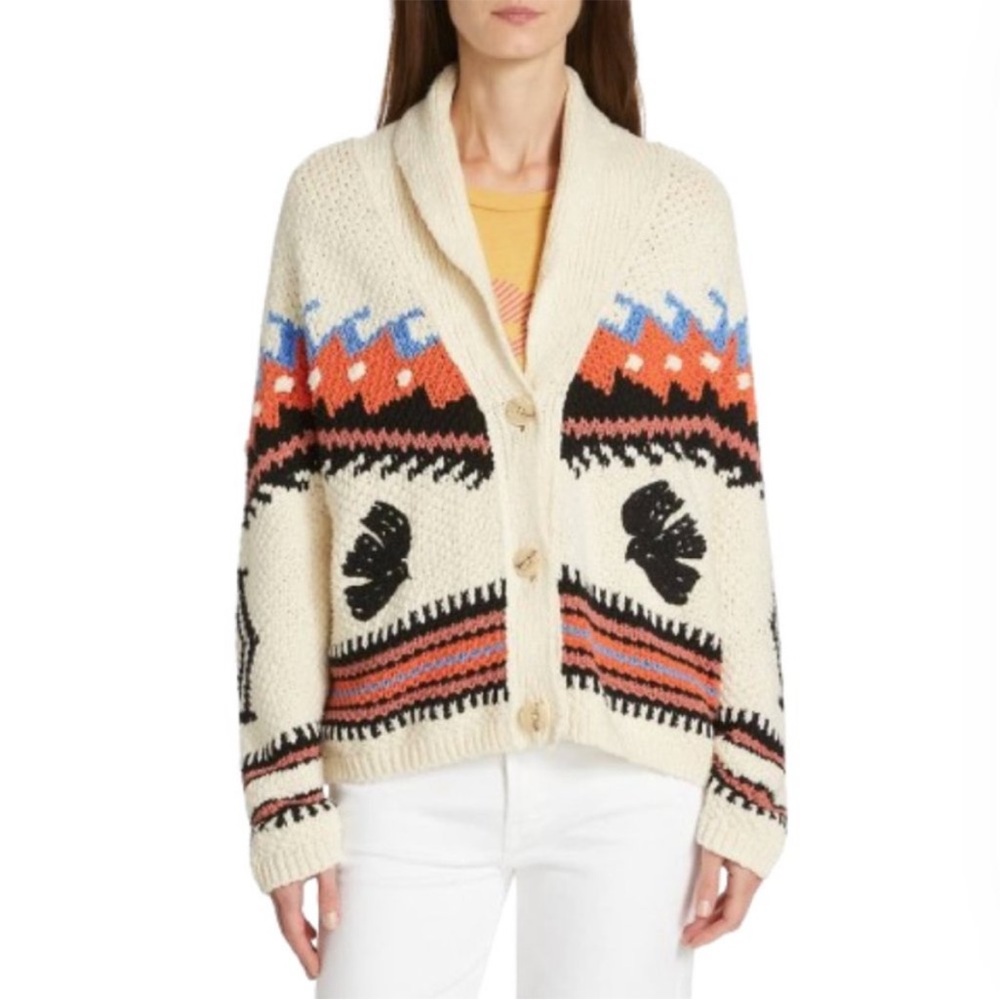 Mother The De Gaulle Shawl Collar Knit Cardigan Sweater Cream Black - Picture 3 of 9